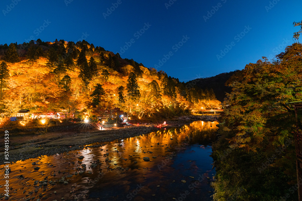 Fototapeta premium 日本 愛知県豊田市足助町 ライトアップされた香嵐渓の飯盛山の紅葉と巴川の夜景