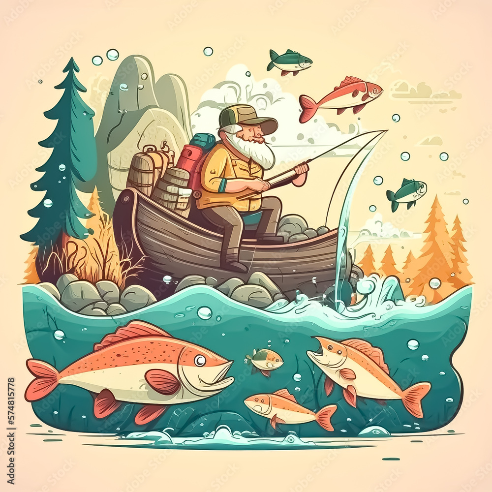Fisherman and trout, Fishing by anglers cartoon underwater scene illustration. Created with Generative AI technology.