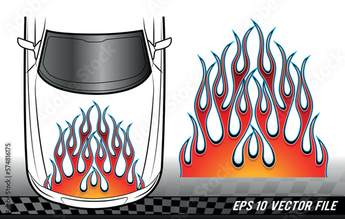 Sports car hood flame decal vinyl sticker graphic. Racing car tribal fire flames vector eps file. Vehicle decoration for car top, hood, bonnet.
