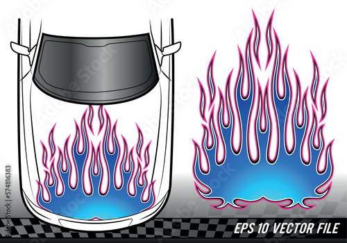 Blue fire flames electric racing car decal vector art graphic. Tribal flame electric sports car bonnet vinyl decal. Hood decoration for cars, auto, truck, boat, suv and motorcycle tank.