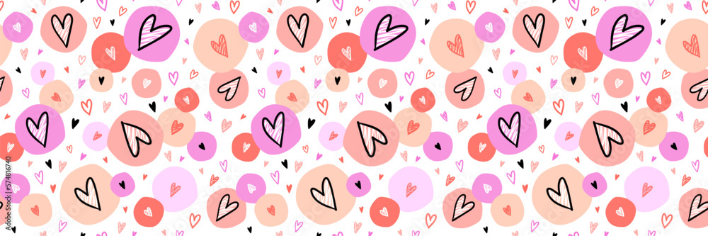Colorful circles with hand drawn Hearts seamless pattern for wrapping paper, fabric, gift box, cloth, interior design. Girlish design fashion print. Valentines Day background. Vector illustration. Colorful circles with hand drawn Hearts seamless pattern for wrapping paper, fabric, gift box, cloth, interior design. Girlish design fashion print. Valentines Day background. Vector illustration.