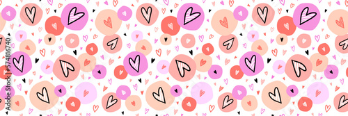 Colorful circles with hand drawn Hearts seamless pattern for wrapping paper, fabric, gift box, cloth, interior design. Girlish design fashion print. Valentines Day background. Vector illustration.