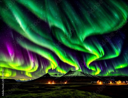 landscape art of the northern lights above a lake in a very mountainous area, the aurora is green with some purples and blue tints