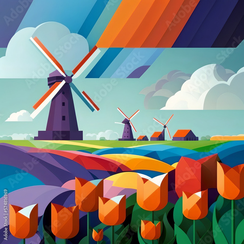 Netherlands landscape with windmills and colorful tulips in the foreground against a bright blue sky. The background features a stylized version of the Netherlands flag. generative ai #574816969