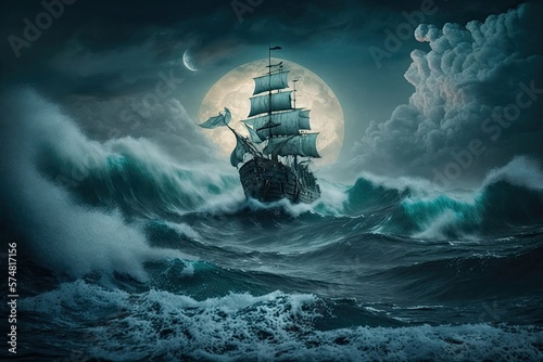 Photo An old ship braving the waves of a wild sea