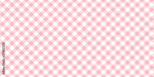 Seamless diagonal gingham checker pattern in pastel pink and white. Contemporary light barbiecore linen textured diamond background. Baby girl's trendy striped checks textile or nursery wallpaper.