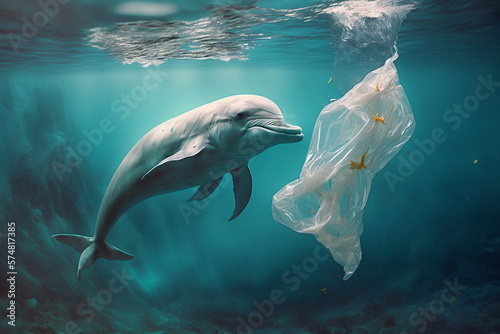 Dolpin swimming with a plastic bag ocean pollution. Ecology, sustainable development and recycling concept. © Artofinnovation