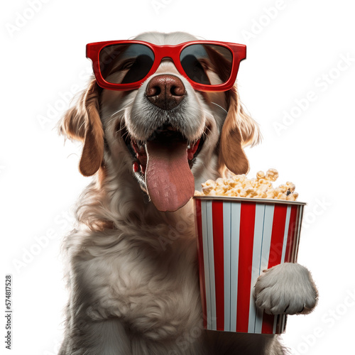 dog wearing 3d glasses and eating a bucket of popcorn, transparent backgroung pn Fototapet