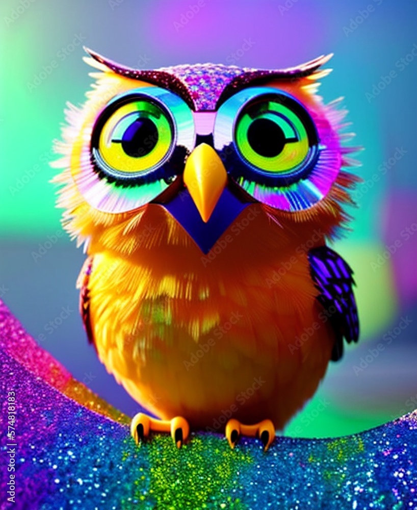 a cute owl made of bright colours and glitter