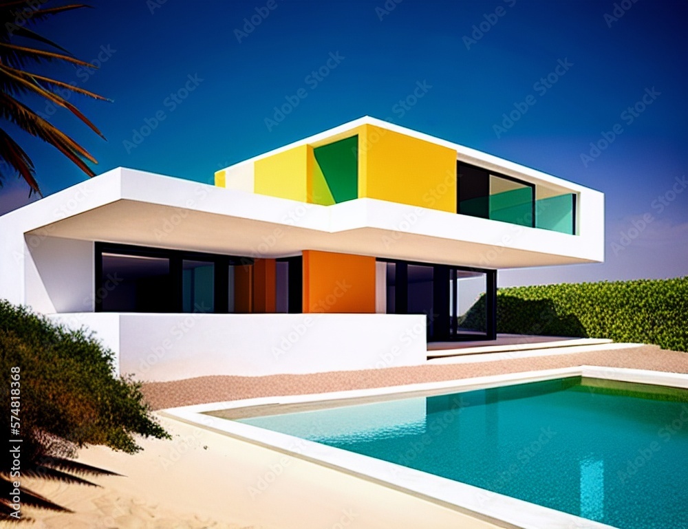 Fototapeta premium a modern mansion made out of white marble with a blue pool outside of it, it is sunny outside and the sky is blue
