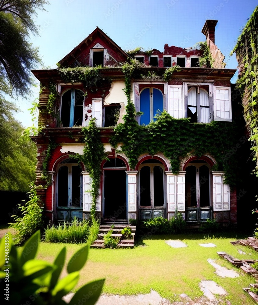 Fototapeta premium an abandoned building with large windows being reclaimed by nature, plants growing on the side of an abandoned building