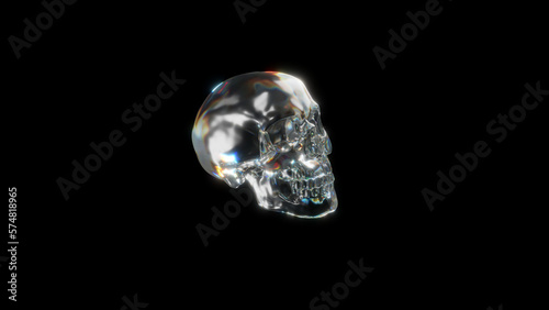 glass skull 3d render on black background, dark crystal skull art, shiny 