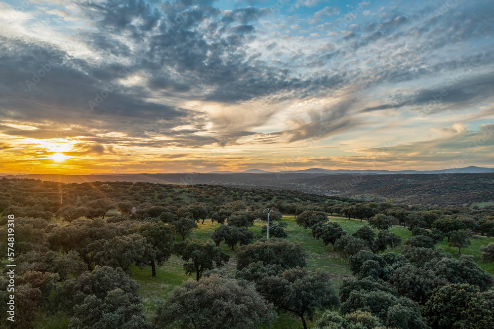 Aerial drone view of autumn landscape at sunset in northern Extremadura, Spain, with road, trees, plants and rocks.