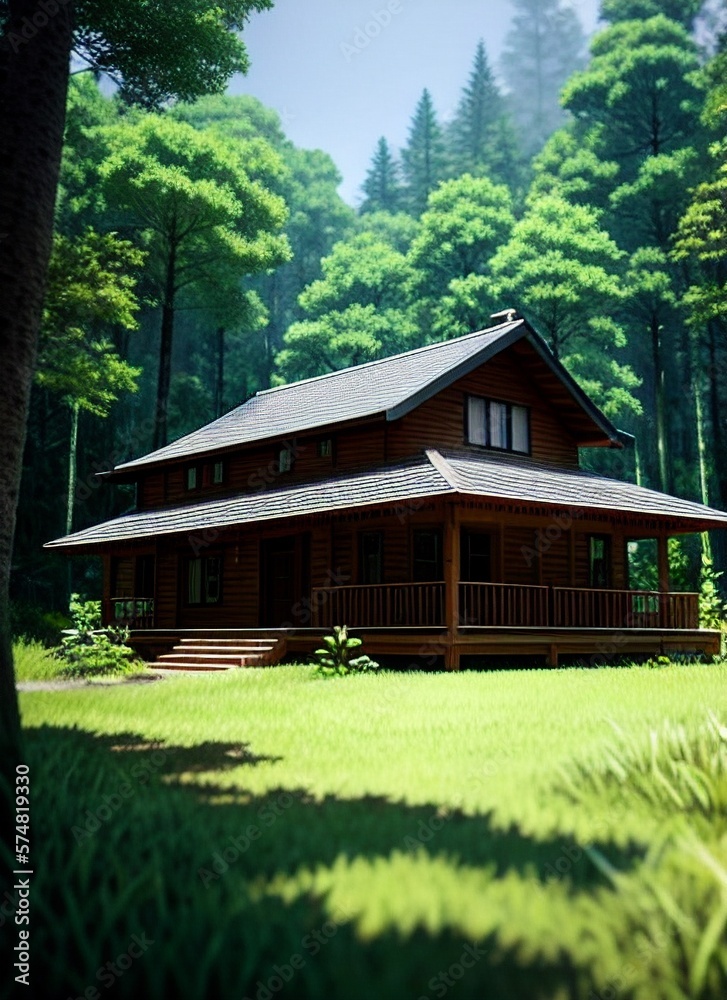 a large wooden cabin in the middle of the woods, the wood is dark and it is day time