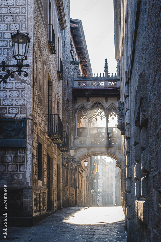 Early morning view of the Pont del Bisbe bridge crossing from the Generalitat's Palace to the Canon's House  in Barcelona, Spain