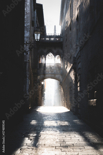 Early backlight morning view of the Pont del Bisbe bridge crossing from the Generalitat's Palace to the Canon's House  in Barcelona, Spain © stbaus7