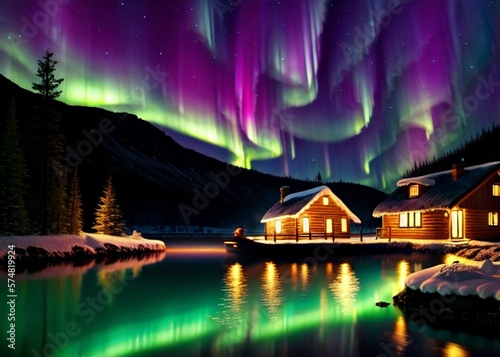house at night with its lights turned on, northern lights are lightning up the sky and giving off a purple and green glow