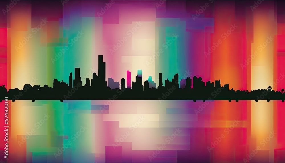 Rainbow skyline. AI-generated abstract illustration of a city skyline in rainbow colors, based on contributor's artwork. MidJourney.