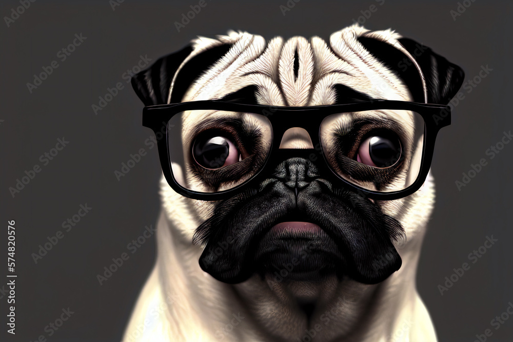 Closeup of muzzle of adorable domestic pug dog wearing glasses. Generative AI.	