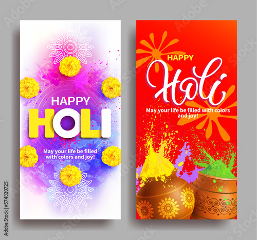 Holi festival vertical banners with pots, gulal (paint) and flowers. Template for greeting, invitation. Vector set. photo