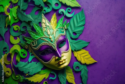 Carnival Season  Mardi Gras. Holidays purple backdrop with a masquarade mask fan in the style of Mardi Gras. copy space above view of Mardi Gras background Golden  green  and purple textures celebrate