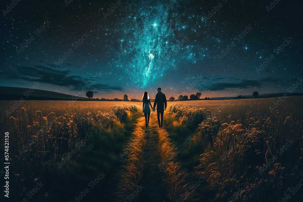 Couple walking beneath the stars - Generative AI