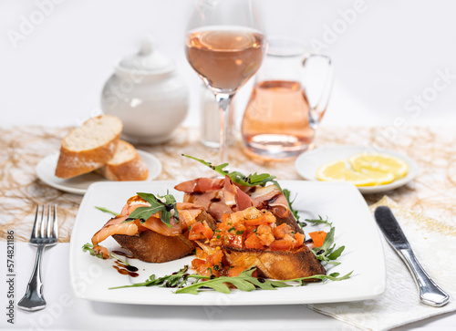 mixed bruschetta with nut ham  smoked salmon and horseradish cream  tomatoes with garlic oil