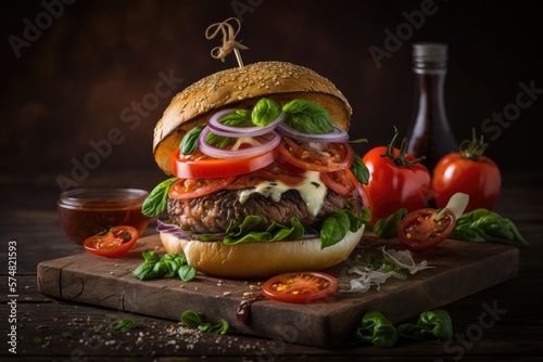 gourmet burger with fresh tomatoes and caramelized onions  generative AI