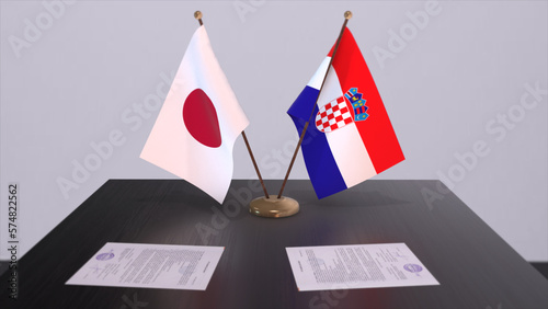 Croatia and Japan national flags, political deal, diplomatic meeting. Politics and business 3D illustration