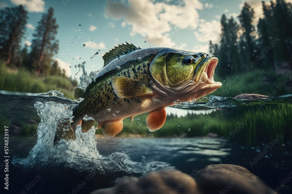 Bass fish jumping out of river water. Generative AI Stock