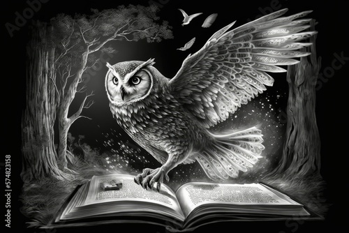 Wallpaper Mural Artistic interpretation of a wise owl with a flying book in a fantastical setting. Generative AI Torontodigital.ca
