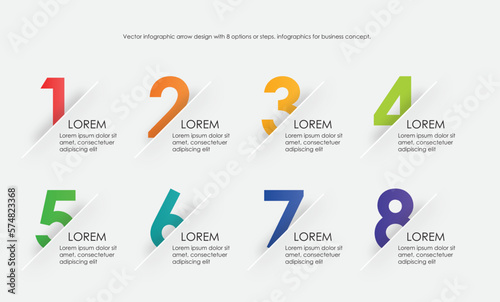 Vector infographic arrow design with 8 options or steps. infographics for business concept. Business circle template with options for brochure, diagram, workflow, timeline, web design. mulit-colour
