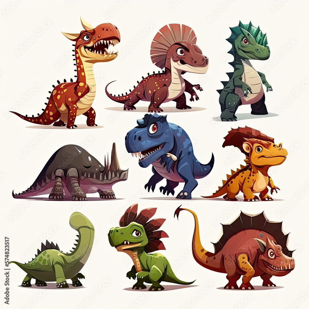 Naklejka premium set of Dinosaurs cartoon, white background, Made by AI,Artificial intelligence