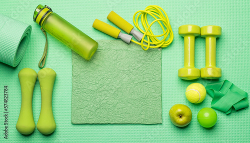 green fitness background.green fitness equipment on green background for background banner photo