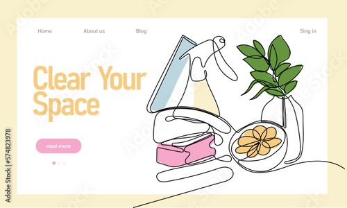 Home cleaning service landing page design concept, illustration of janitors with cleaning tools. Vector illustration