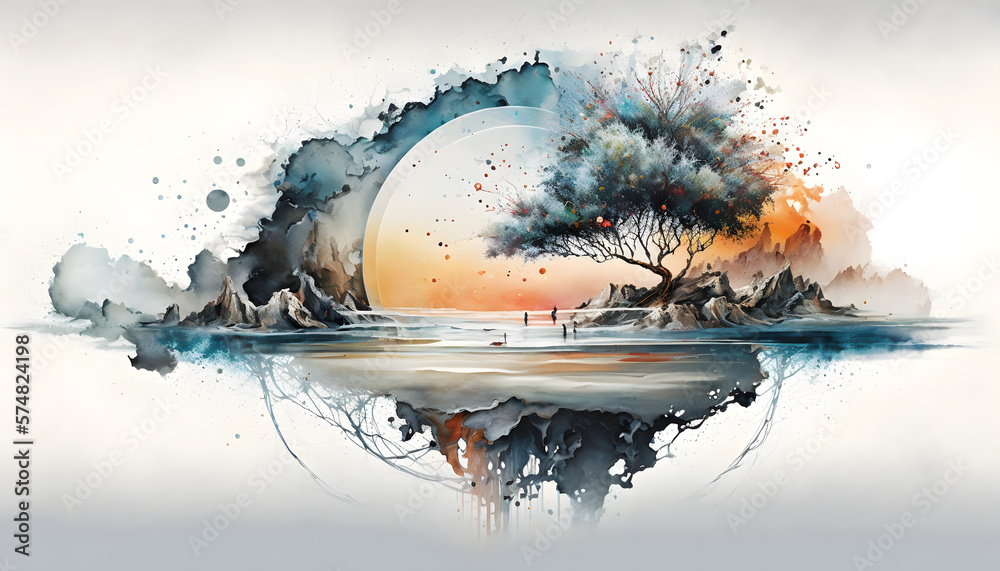 A beautiful fantasy landscape on a white background. Mountains, trees, fog. Watercolor painting. Abstract intricate splashes of paint on a white background. Generative AI.