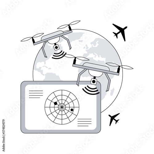 Military drone abstract concept vector illustration. Military robotics, drone use in defense, aircraft technology, aerospace, unmanned aerial vehicles, remotely piloted systems abstract metaphor.