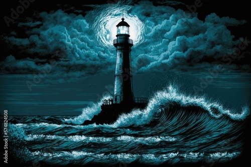 A stormy night at the lighthouse. Generative AI