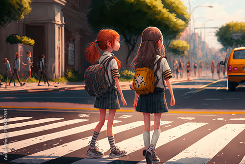 Cute schoolchildren crossing the street at a traffic signal and a zebra crossing on their way to class. Generative AI photo