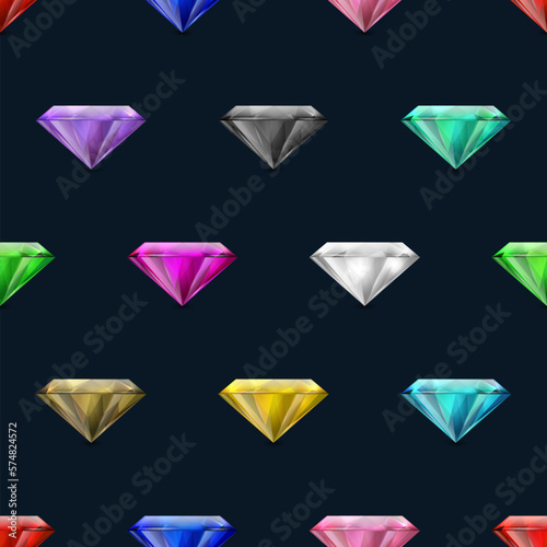 Vector Seamless Pattern with Multi Colored 3d Realistic Transparent Triangle Glowing Gemstones, Diamonds, Crystals, Rhinestones Closeup on Black Background. Jewerly Concept. Design Template