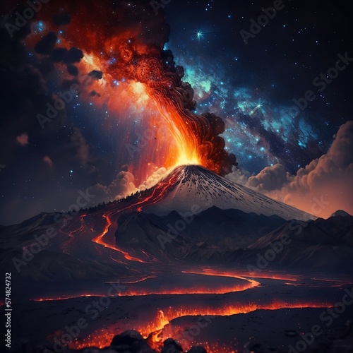 Etna, powerful, eruption, fountains, lava, night, sky, starry, 4K