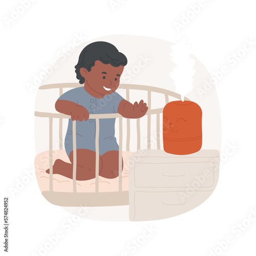 Humidifier isolated cartoon vector illustration. Little baby looks at nighttime humidifier, healthy moisture in the room, kids bedtime, sleep hygiene, happy childhood, nursery vector cartoon.