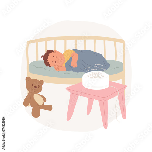 White noise machine isolated cartoon vector illustration. Newborn sleeping near white noise sound machine, sleep soothing sound for baby, kids bedtime gadget, sleep hygiene vector cartoon.