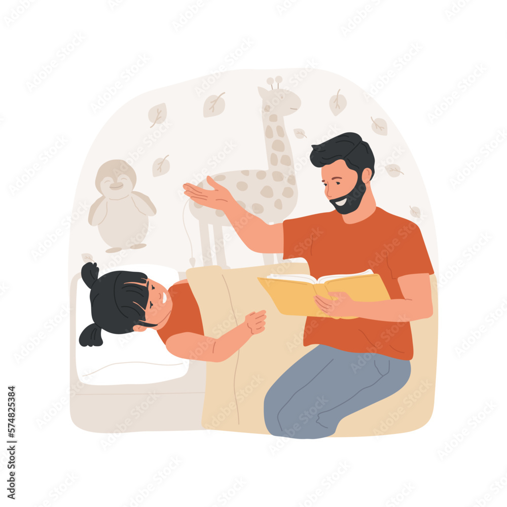 Reading before bed isolated cartoon vector illustration. Dad reads daughter a bedtime fairy tale, family relationship, kids sleep ritual, child falling asleep, nighttime habit vector cartoon.