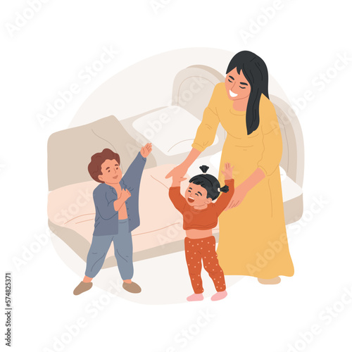 Wear pajama isolated cartoon vector illustration. Happy children put on pajamas before sleeping, kids preparing for bed, family routine, home comfort, nighttime routine vector cartoon.