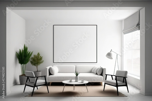 Front view of bright studio room with empty white poster, sofa, armchairs, dining table, white wall, coffee table, carpet, panoramic window, concrete floor. Minimalist. Generative AI © 2rogan