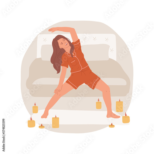 Working out before sleep isolated cartoon vector illustration. Woman doing yoga in the dark room, candles atmosphere, physical activity before bedtime, sleep hygiene vector cartoon.
