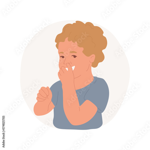 Nose picking isolated cartoon vector illustration. Smiling boy picking his nose, kids unhealthy lifestyle, bad habits, toddler infections spread, anxious child vector cartoon.