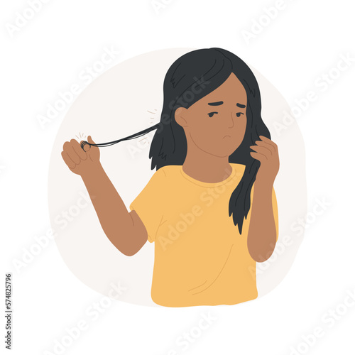 Hair twirling and pulling isolated cartoon vector illustration. Little girl pulling her hair, obsessive-compulsive disorder, kids unhealthy lifestyle, bad habits vector cartoon.