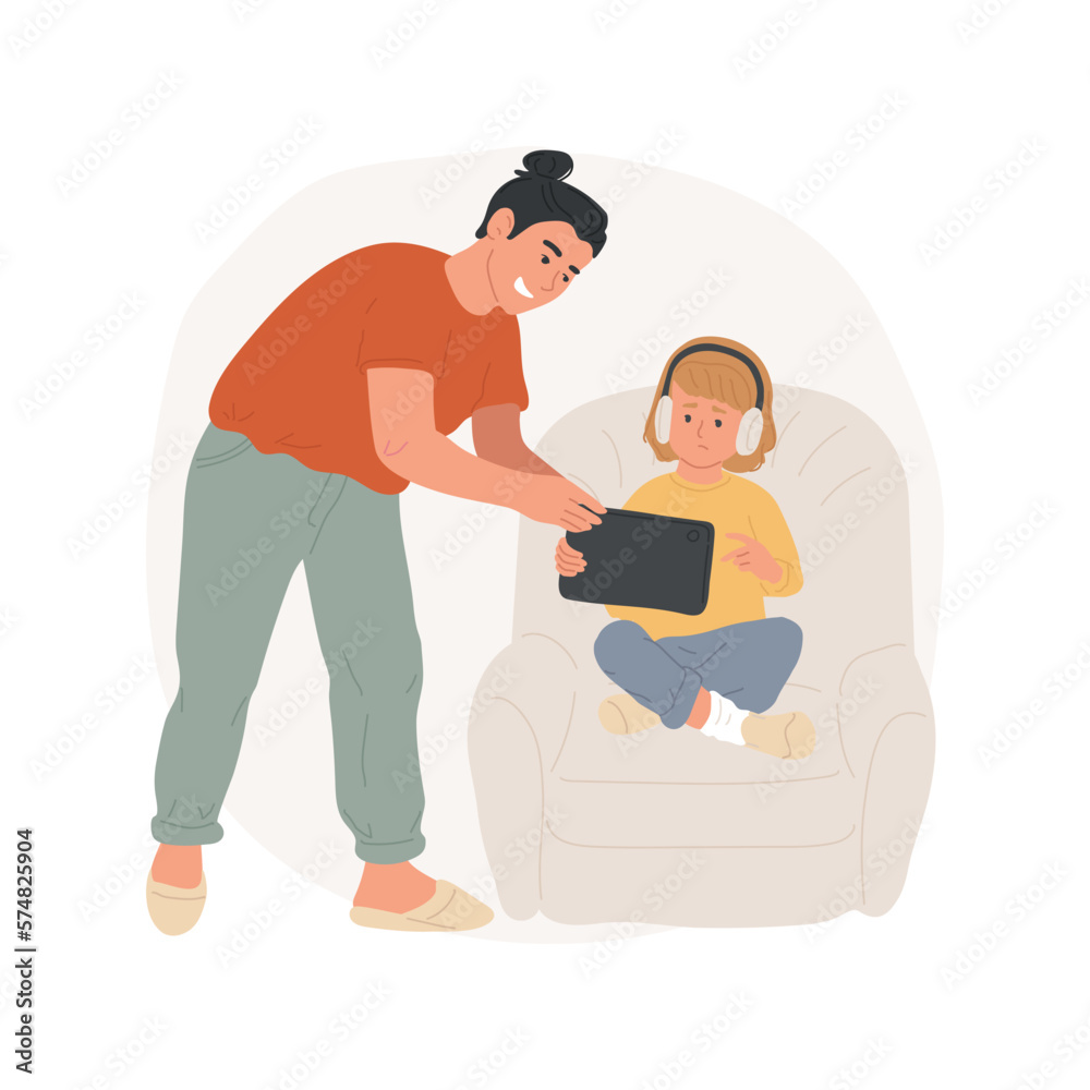 Limiting screen time isolated cartoon vector illustration. Father taking a tablet from kids hands, says no to digital world, unhealthy lifestyle, reduce gadget exposure vector cartoon.